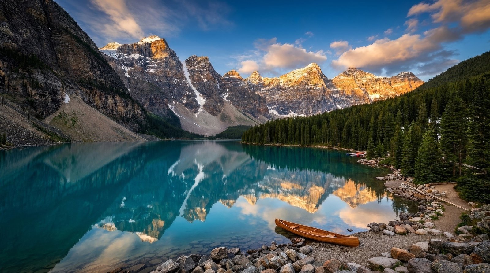 Snow-capped Canadian Rocky Mountains reflecting in a turquoise glacial lake at sunrise